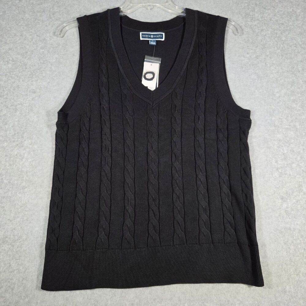 Karen Scott Womens Sweater Vest L Black Cable Knit V-Neck Pullover NWT